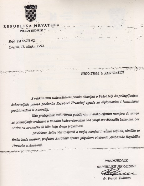 Letter to Croatians in Australia from dr, Franjo Tudjman