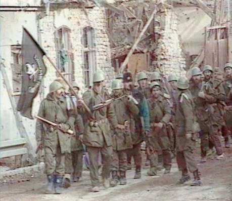 Vukovar, Croatia 1991 Serb Chetnik and Serb-led Yugoslav army march into Vukovar singing: "Slobo, Slobo (as in Slobodan Milosevic) send us some salad, there will be meat, we'll slaughter the Croats" (BBC newsreel screenshot)