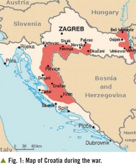 In red: Serb occupied and ethnically cleansed of non-Serbs areas of Croatia 1991 - 1995