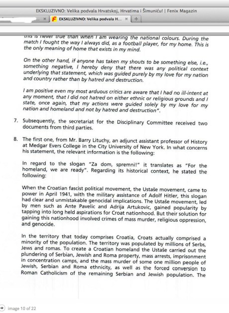 Excerpt of Barry M Lituchy statement to FIFA  Photo: Screen shot 6 February 2014 http://fenix-magazin.com 