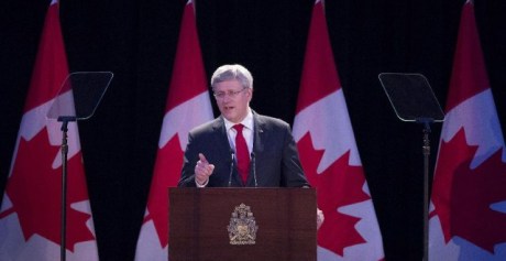 Canada's Prime Minister Stephen Harper delivers the keynote speech in defence of victims of communist crimes at fundraiser for Canada's Memorial of Victims of Communism  held in Toronto Friday 30 May 2014 (Photo: Darren Calabrese/The Canadian Press)