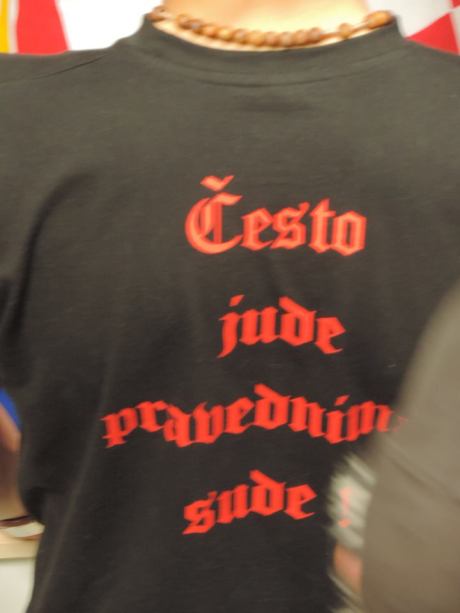 A T-shirt worn by a well-wisher at  Dario Kordic's arrival in Zagreb 6 June 2014, writing on T-shirt "Often, Judas judge the righteous"  (Photo: Marija Tomislava) 