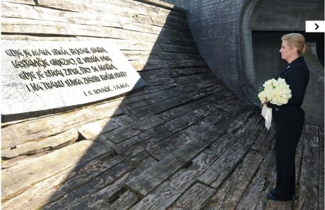 Croatia's President Kolinda Grabar-Kitarovic bows to the victims at Jasenovac
