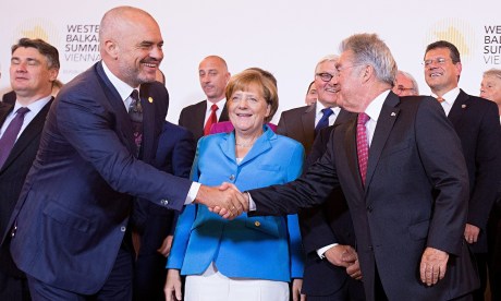 Left to right: Croatian prime minister Zoran Milanovic, Albanian prime minister Edi Rama, German chancellor Angela Merkel and Austrian president Heinz Fischer at the Western Balkans summit in Vienna on 27 August 2015. 'Finding an EU-wide solution to the greatest movement of peoples since the second world war is an urgent priority.' Photo: Georg Hochmuth/EPA