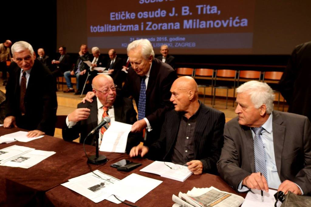 31 October 2015 Zagreb, Croatia Dr Zvonimir Separovic (middle) confers with members of Croatian National Ethical Tribunal (dr Zdravko Tomac - left and Zvonimir Hodak - right) regartding proceedings of the day condemnation oif crimes of Josip Broz Tito Photo: Oskar Sarunic