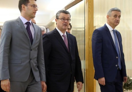  From Left: Bozo Petrov, leader Most/Bridge Tihomir Oreskovic, Prime Minister designate Tomislav Karamarko, Leader HDZ Photo: Jurica Galoic/PIXSELL
