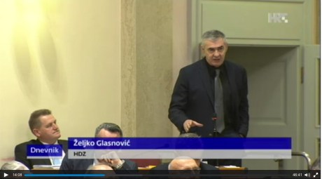 Zeljko Glasnovic Calling for lustration in media in Croatian Parliament 28 January 2016 Photo: Screenshot HRT TV News