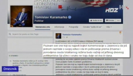 First Deputy Prime Minister of Croatia Tomislav Karamako's Facebook status Photo: Screenshot HRT News 9 April 2016