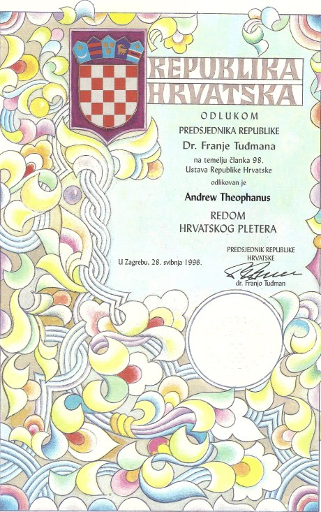 Order of Croatian Interlace Awarded to Dr Andrew Theophanous, 1996