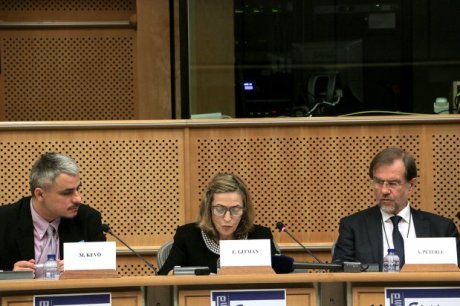 Dr Esther Gitman (centre) presents Archbishop Aloysius (Alojzije) Stepinac to EU Parliament conference June 2016 Photo: eppgroup.eu
