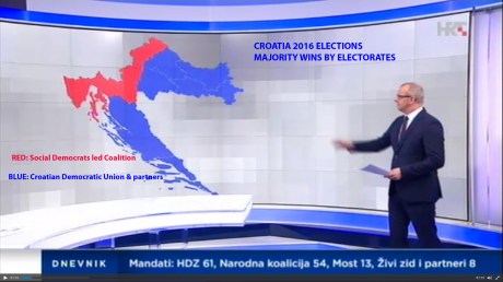 Map of Croatia With Election 2016 Results by majority seats per electorate Photo: Screenshot HRT news 12.09.2016
